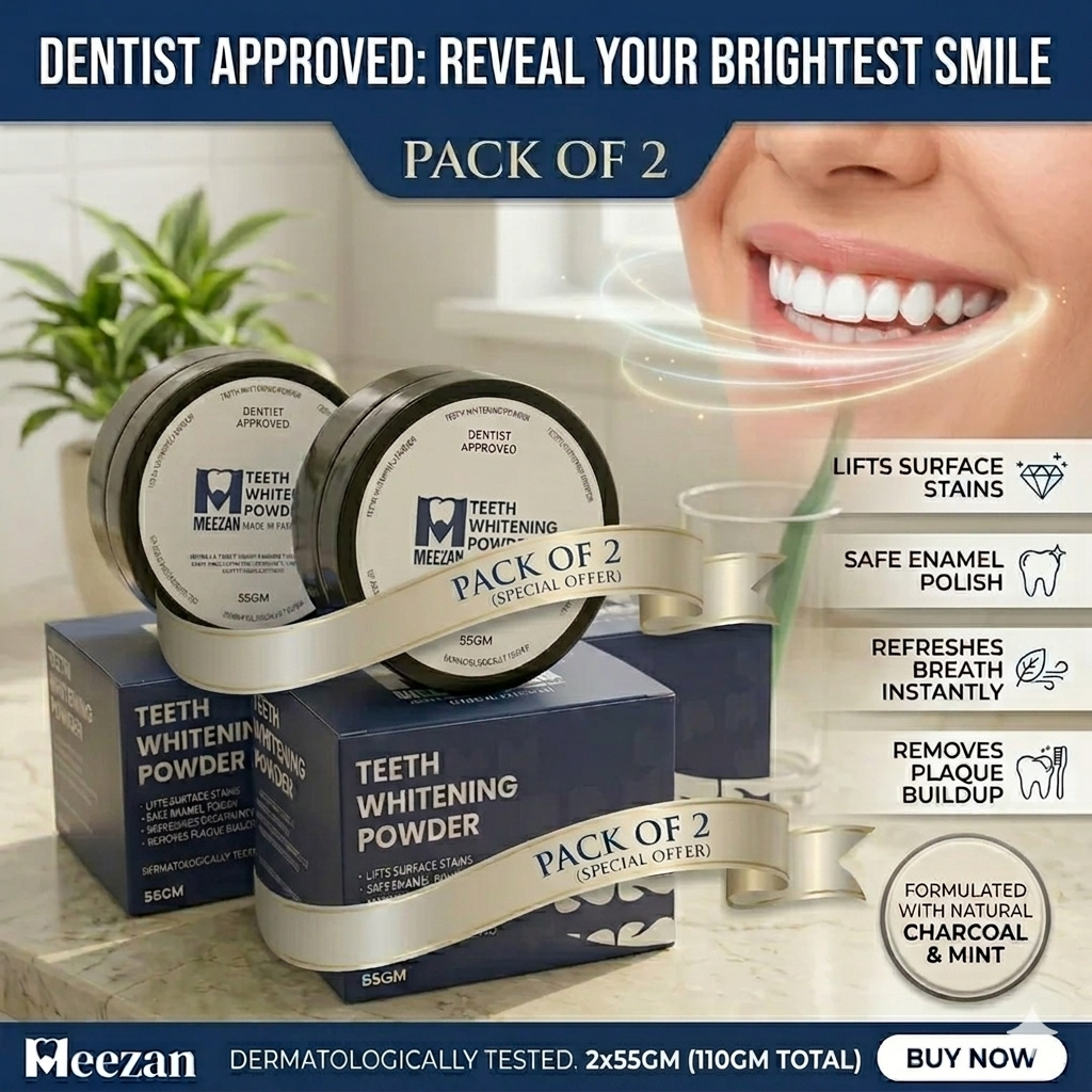 Pack Of 2: Meezan Teeth Whitening Powder – Dentist Approved | 55GM | Instant Stain Removal & Fresh Breath | Made in Pakistan | whitening powder | powder | Available at Meezan dental supply