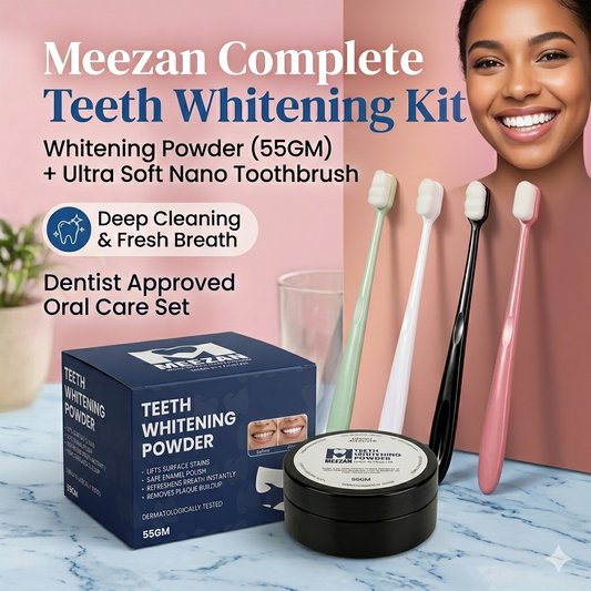 Meezan Complete Teeth Whitening Kit – Whitening Powder (55GM) + Ultra Soft Nano Toothbrush | Deep Cleaning & Fresh Breath | Dentist Approved Oral Care Set