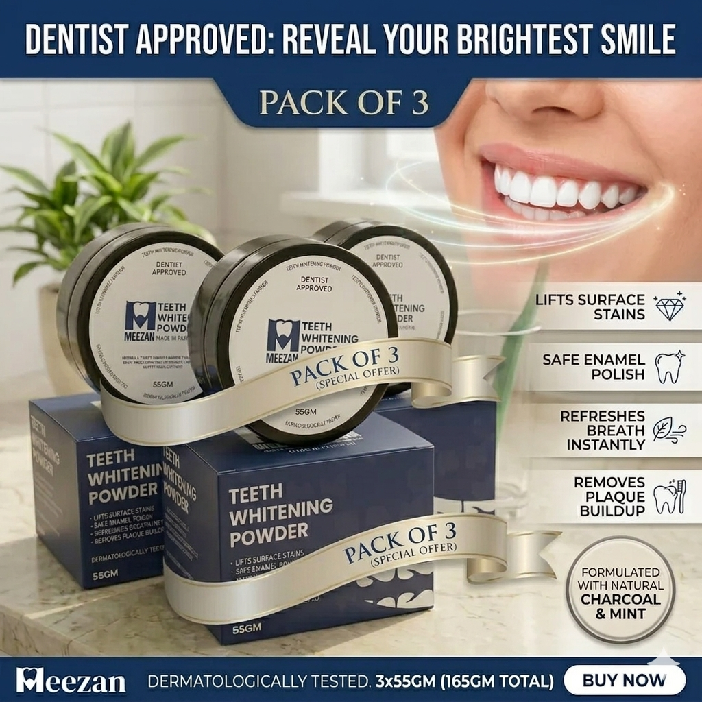 Pack Of 3: Meezan Teeth Whitening Powder – Dentist Approved | 55GM | Instant Stain Removal & Fresh Breath | Made in Pakistan | whitening powder | powder | Available at Meezan dental supply