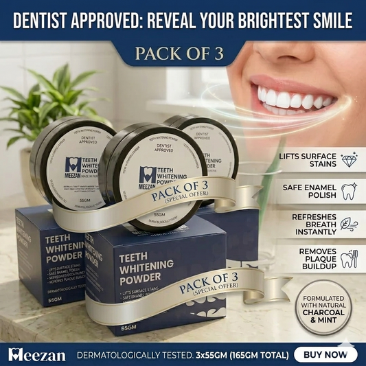 Pack Of 3: Meezan Teeth Whitening Powder – Dentist Approved | 55GM | Instant Stain Removal & Fresh Breath | Made in Pakistan | whitening powder | powder | Available at Meezan dental supply