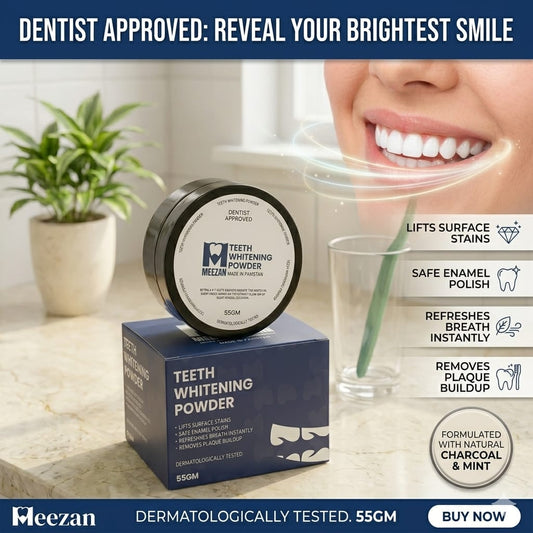 Meezan Teeth Whitening Powder – Dentist Approved | 55GM | Instant Stain Removal & Fresh Breath | Made in Pakistan | whitening powder | powder | Available at Meezan dental supply